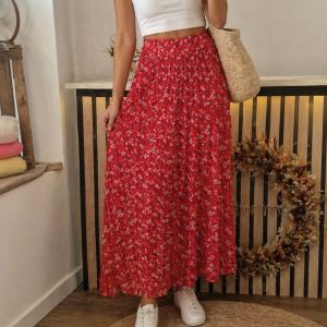 Jupe Longue Fleurie Rouge